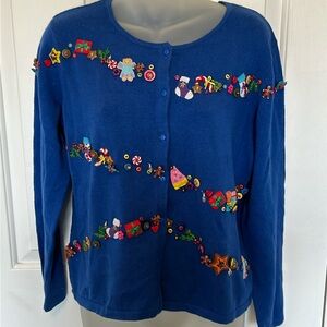 Marissa Studio sz Medium Holiday Theme Blue Cardigan Sweater GUC